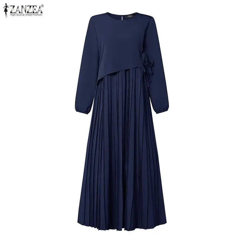ZANZEA Elegant Muslim Abaya Dress Women O Neck Long Sleeve Pleated Sundress Solid Color Loose Maxi Long Dress Eid Ramadan Robe