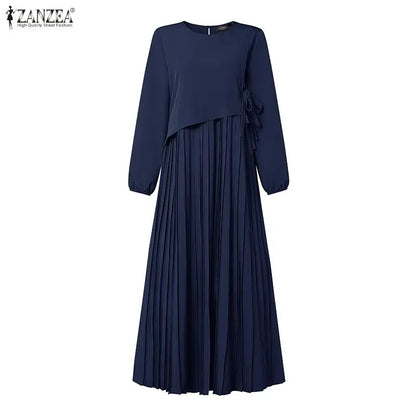 ZANZEA Elegant Muslim Abaya Dress Women O Neck Long Sleeve Pleated Sundress Solid Color Loose Maxi Long Dress Eid Ramadan Robe