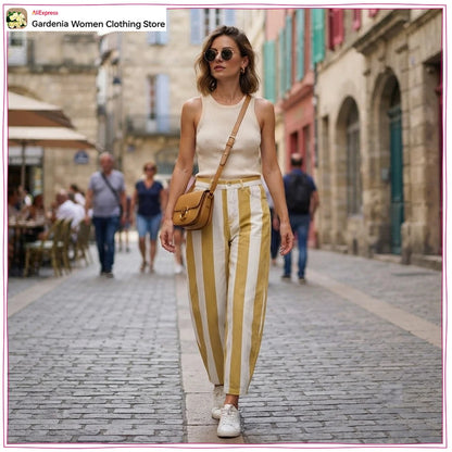 Fashion High-rise Striped Jeans for Women New in Tapered Jeans with Contrasting Stripes Stylish Cowgirls Pants with Five-pockets