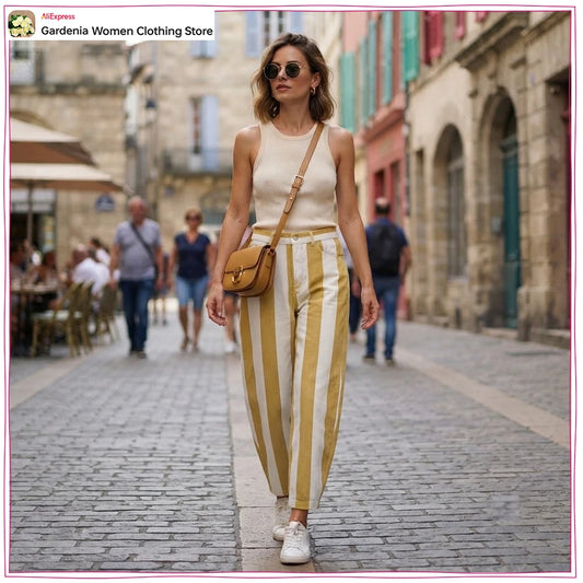 Fashion High-rise Striped Jeans for Women New in Tapered Jeans with Contrasting Stripes Stylish Cowgirls Pants with Five-pockets