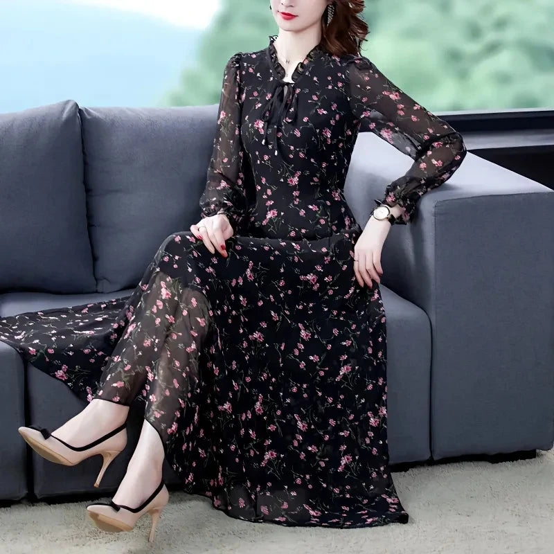 Women Summer Chiffon Printed Dresses 2025 Spring Summer Long Elegant Drawstring Dress Female Large Size Midi Dresses 6XL W752