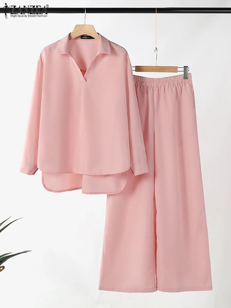 2025 ZANZEA Fashion Casual Long Sleeve Blouse Pant Sets Autumn 2pcs Outfits Women Loose Matching Sets Solid OL Work Tracksuits