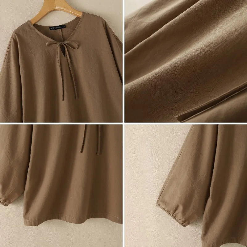 Summer Autumn Solid Color Tops ZANZEA Casual V Neck Blusas Women Blouse OL Work Tee 3/4 Sleeve Tunic Lace-up Streetwear Oversize