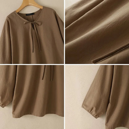 Summer Autumn Solid Color Tops ZANZEA Casual V Neck Blusas Women Blouse OL Work Tee 3/4 Sleeve Tunic Lace-up Streetwear Oversize