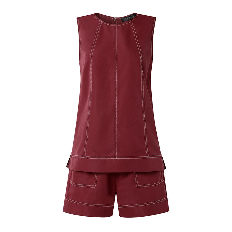 ZANZEA 2PCS Holiday Outfits Fashion Summer 2 Pieces Sets Women O Neck Sleeveless Tanks Shorts Sets Contrast Stitching Tracksuit