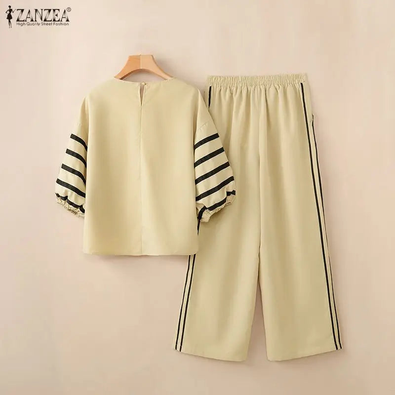 2026 ZANZEA Summer Wide Leg Pant Sets Fashion Women Outfits 3/4 Sleeve Blouse Trousers Striped OL Work Tracksuit 2 Pieces Sets