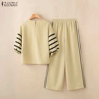 2026 ZANZEA Summer Wide Leg Pant Sets Fashion Women Outfits 3/4 Sleeve Blouse Trousers Striped OL Work Tracksuit 2 Pieces Sets