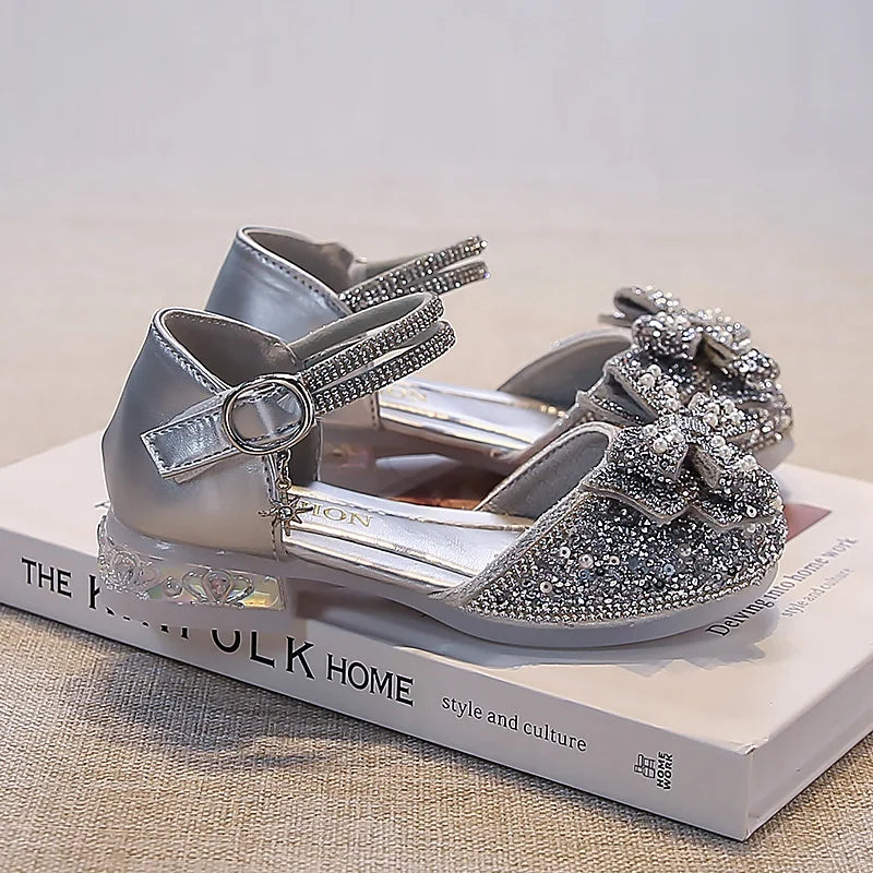 Kid's Sandals high Heels Pumps Rhinestone Bow Silver Party Breathable Shoes For Girl PU Leather Footwear for Kids Size 26-36