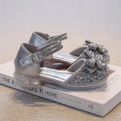 Kid's Sandals high Heels Pumps Rhinestone Bow Silver Party Breathable Shoes For Girl PU Leather Footwear for Kids Size 26-36