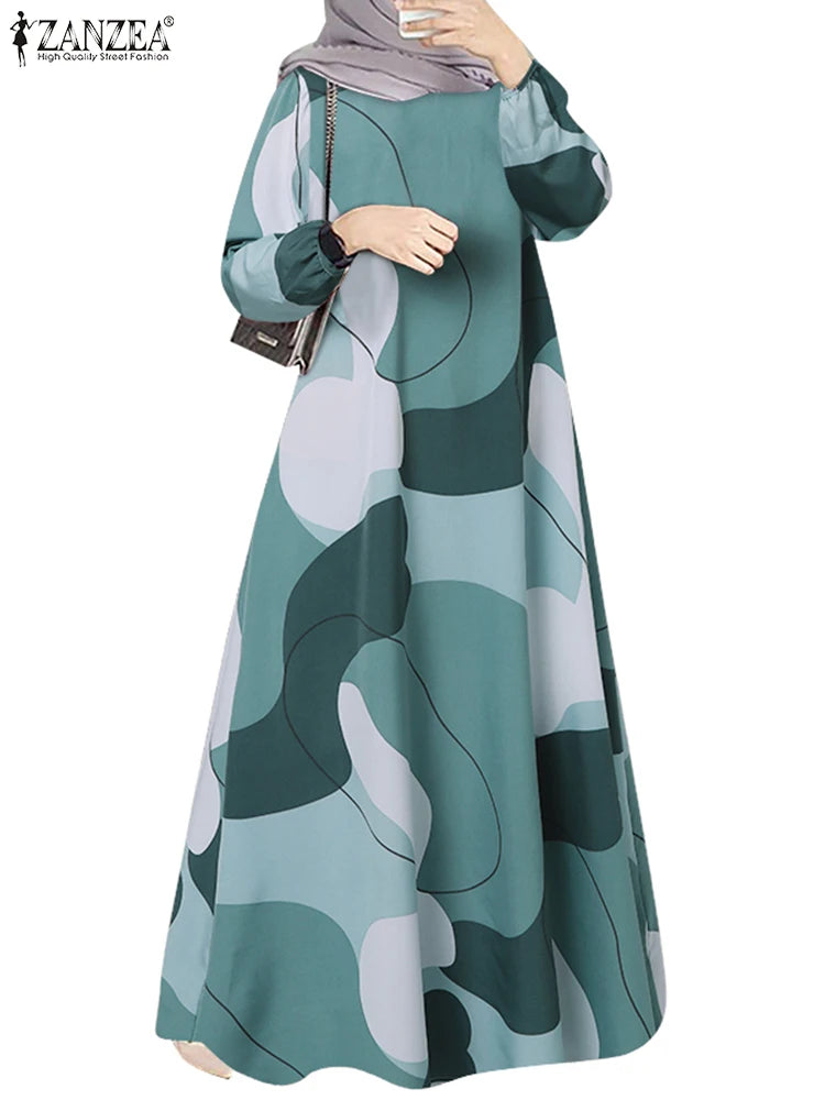 Vintage Muslim Abaya ZANZEA Women Printed Maxi Dresses Fashion Long Sleeve Islamic Robe Dubai Sundress Hijab Vestidos Kaftan