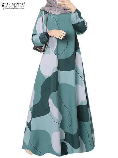 Vintage Muslim Abaya ZANZEA Women Printed Maxi Dresses Fashion Long Sleeve Islamic Robe Dubai Sundress Hijab Vestidos Kaftan