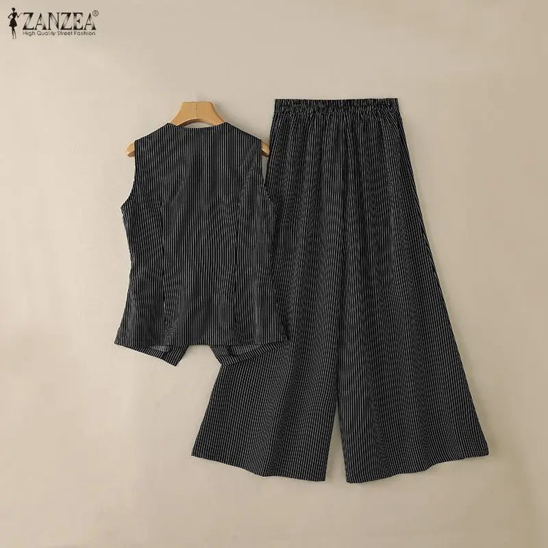 ZANZEA Women's Elegant Pant Suits Striped Sleeveless Vest Tops & Wide Leg Pant 2 Pieces Sets Office Fashion Commuting Outfits