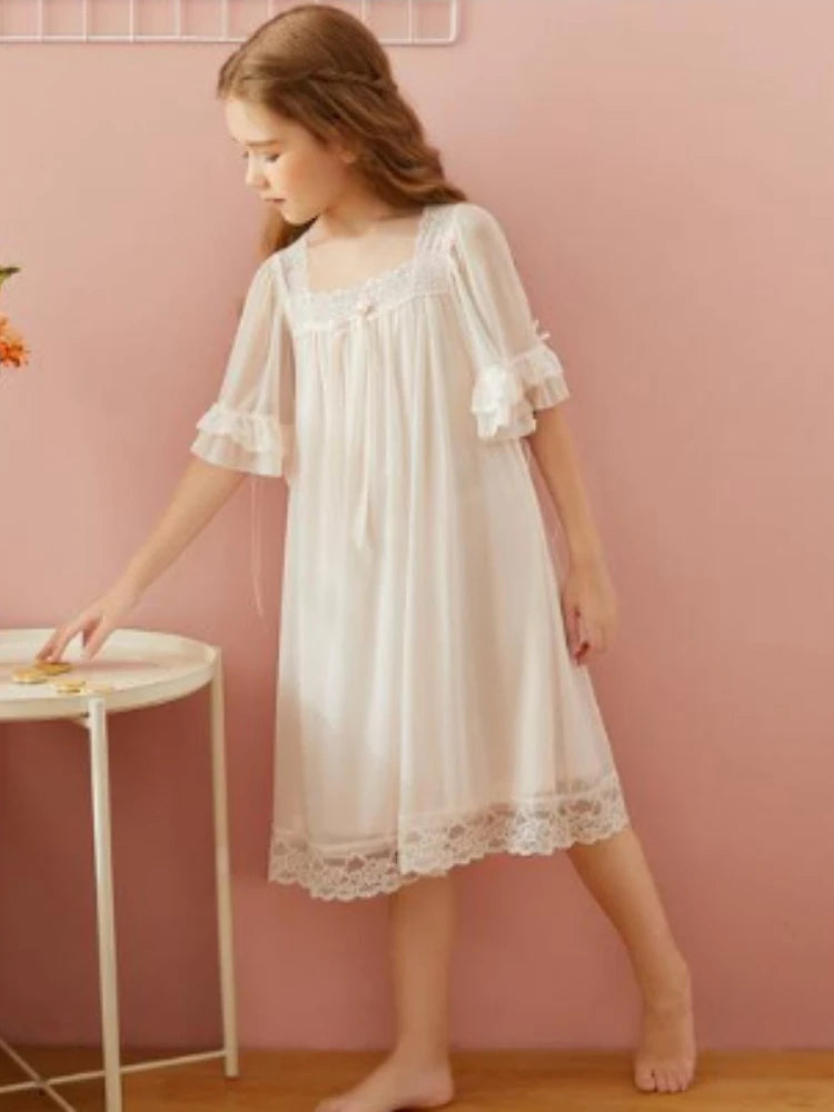 Girls Princess Long Nightgown Short Sleeve Lace Mesh Spring Summer Homewear Matching Family Pajamas Set