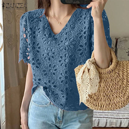 ZANZEA Summer Embroidered Eyelet Blouses for Woman Casual V-Neck Short Sleeve Hollow Out Lace Solid Blusas Mujer Daily Vacation