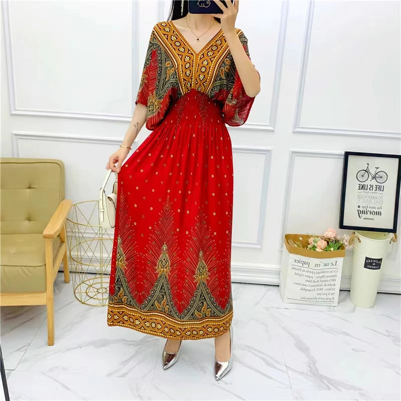 Women Bohemian Ethnic Printed Holiday Dress V-Neck Elastic Waist Casual Batswing Sleeve Mid Dress Elegant Vintage Retro Dress