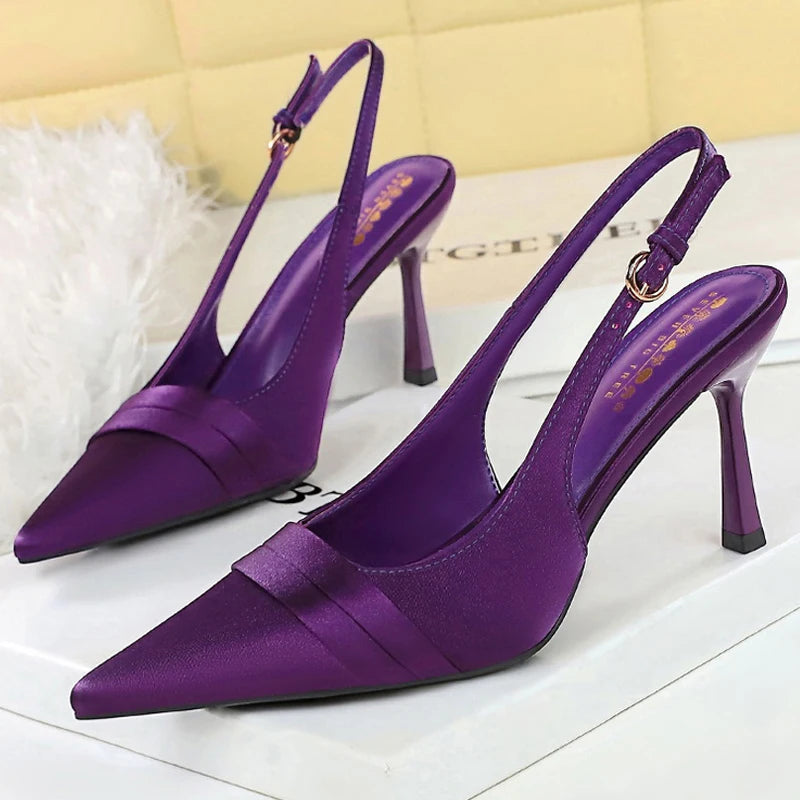 BIGTREE Shoes Women Pumps Silks Satins Stiletto Heels 9 Cm Hollow Out Hook Strap High Heeled Sandals Women Summer Shoes Buckle