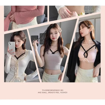 Japanese Kawaii Lace Bralette Set - Crisscross Straps Push-Up for Small Bust, Wire-Free Cutout Bra Enhancer & Sexy Gather Effect