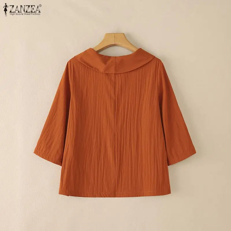 ZANZEA Woman Summer Blouses Irregular Turn-Down Collar 3/4 Sleeve Solid Color Tops Spring Summer Loose Casual Blusas de Mujer