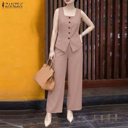 ZANZEA Women Summer Matching Pant Sets Square Neck Vests & Elastic Waist Pants 2 Piece Suits Casual Office Work Commute Outfits