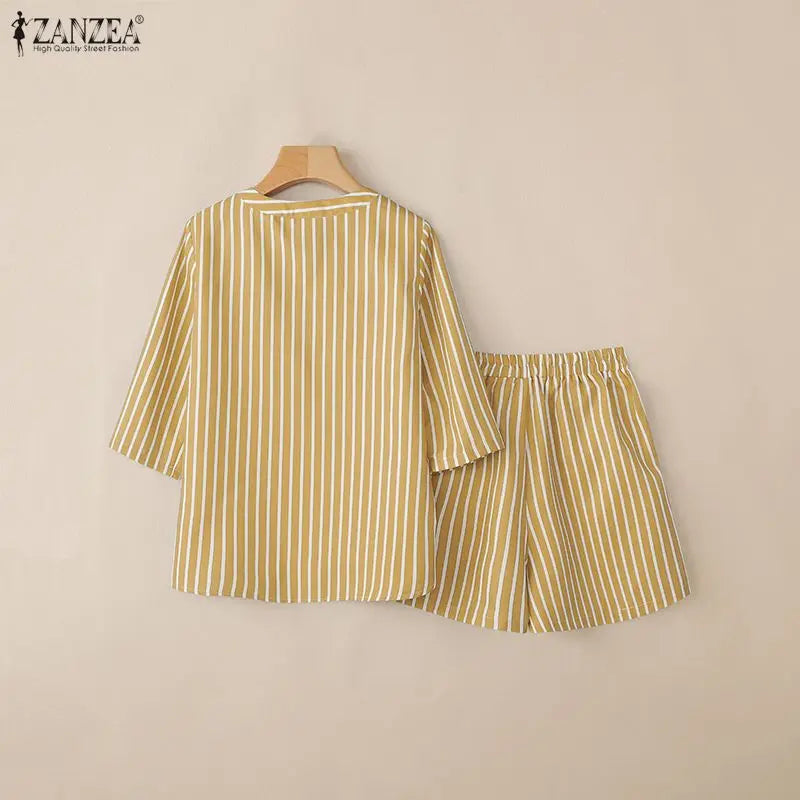 ZANZEA Fashion Spring Summer 2 Pieces Sets Striped Tracksuit Women V Neck 3/4 Sleeve Blouse Short Sets Casual Work Outfits 2026