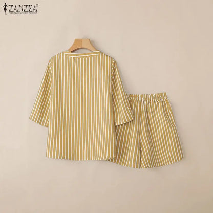 ZANZEA Fashion Spring Summer 2 Pieces Sets Striped Tracksuit Women V Neck 3/4 Sleeve Blouse Short Sets Casual Work Outfits 2026