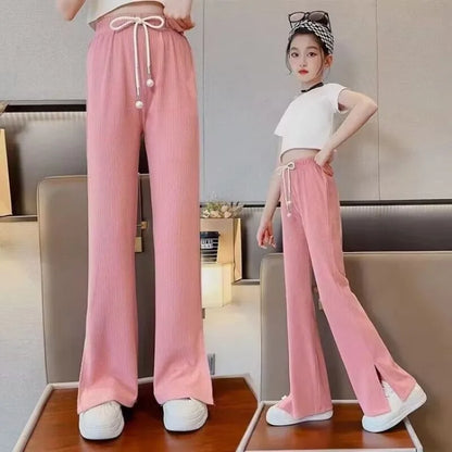 Trendy Ice Silk Girls' Flare Pants 5-12 Years Lightweight Casual Long Pants for Kids Versatile Stylish