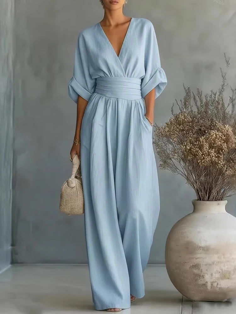 Women Elegant High Waist Jumpsuits Summer Short Sleeve Wide Leg Pants Romper Casual V Neck Solid Loose Jumpsuits Streetwear