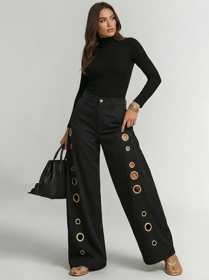 Bonboho Women's Solid Color Eyelet High Waist Wide Leg Pants 2026 Casual Streetwear Straight Leg Trousers Daily Wear Bottoms