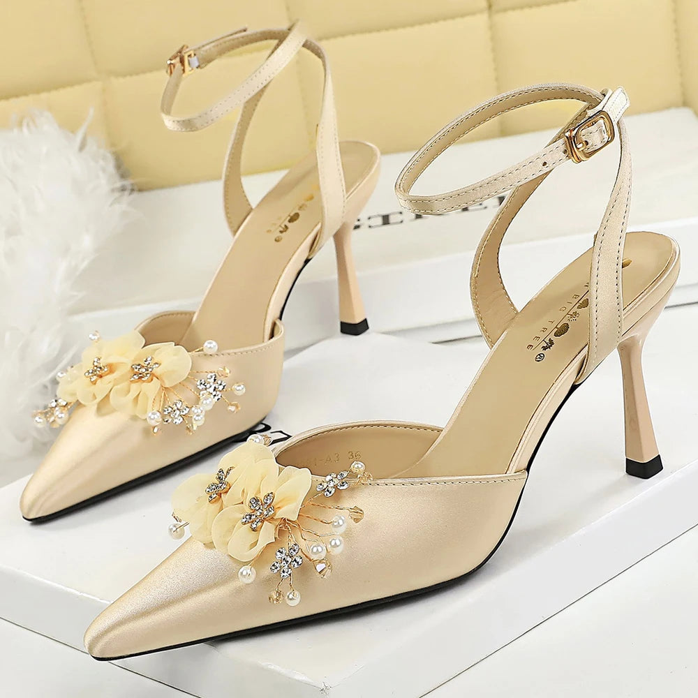 Large Size 43 Women Pumps Flower Rhinestone Design High Heels Hollow Satin Silk High-heeled Sandals Women Summer Shoes Stiletto