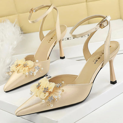 Large Size 43 Women Pumps Flower Rhinestone Design High Heels Hollow Satin Silk High-heeled Sandals Women Summer Shoes Stiletto