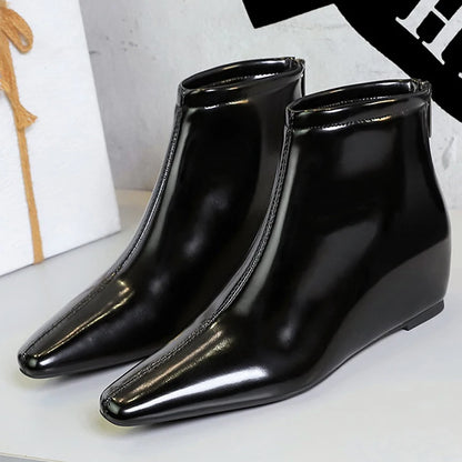 BIGTREE Shoes Patent Leather Short Boots Women Wedges Shoes Rear Zipper Short Leather Boots Low Heeled Women's Ankle Boots New