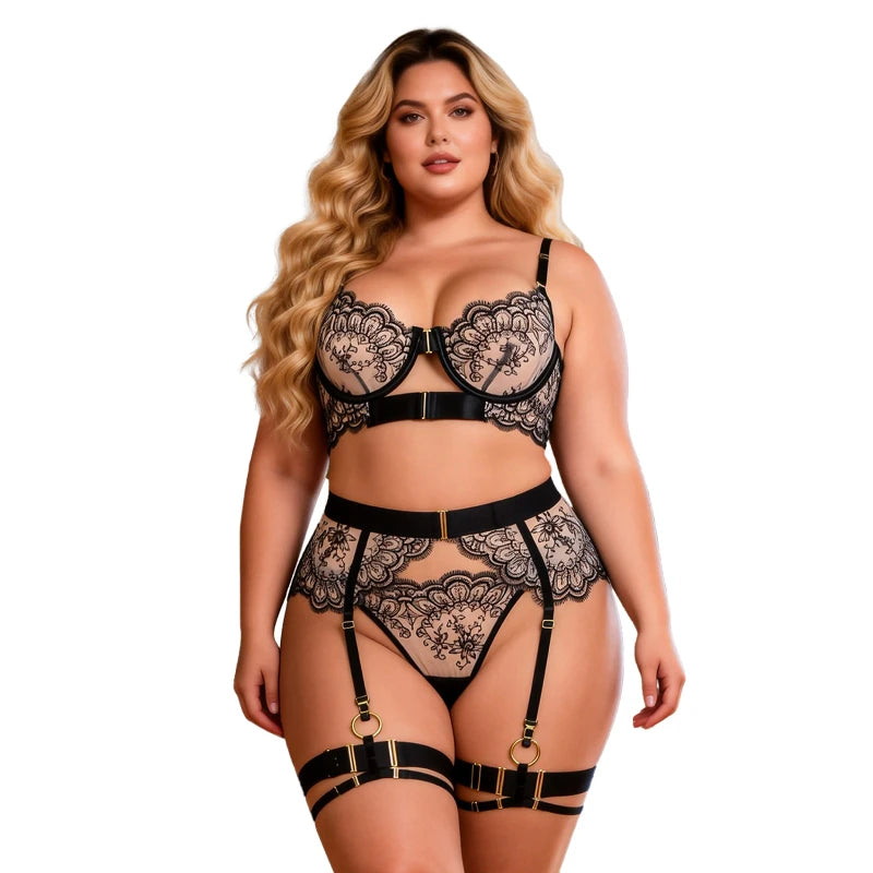 4PCS Women's Sexy Floral Embroidery Mesh Lingerie Set with Underwire Bustier Garter Belt Panty Black Plus Size bedroom Bra Set