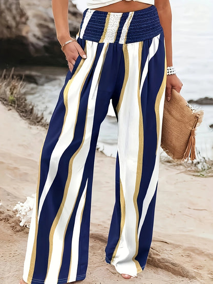 Women's Summer Casual Floral Print Elastic Wide-Waist Wide-Leg Pants Comfortable Loose-Fit Trousers Suitable for Vacation and Daily Casual Wear
