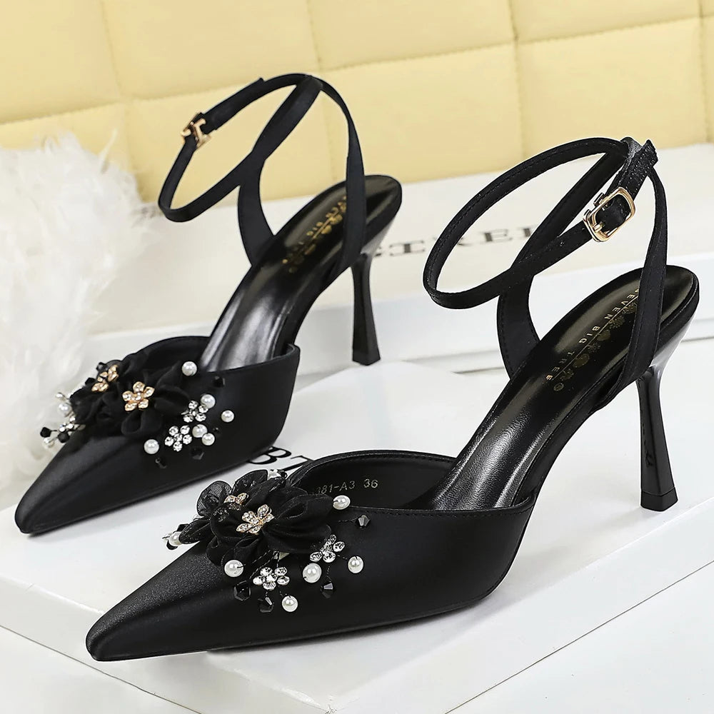 Large Size 43 Women Pumps Flower Rhinestone Design High Heels Hollow Satin Silk High-heeled Sandals Women Summer Shoes Stiletto
