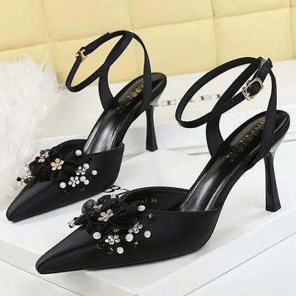 Large Size 43 Women Pumps Flower Rhinestone Design High Heels Hollow Satin Silk High-heeled Sandals Women Summer Shoes Stiletto