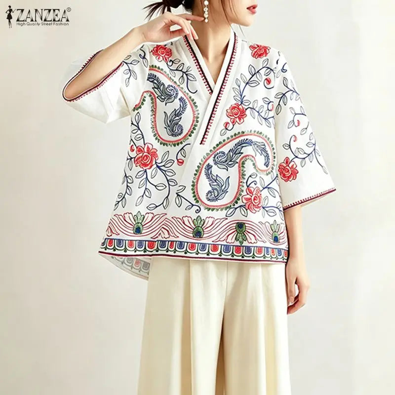 ZANZEA Woman Bohemian Floral Print Blouses V-Neck 3/4 Sleeve High Low Kimono Tops 2026 Summer Casual Loose Vacation Blusas Mujer
