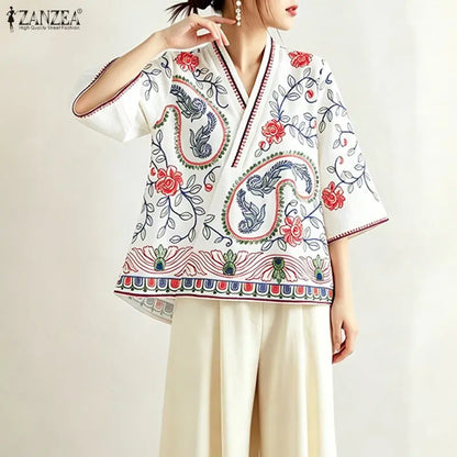 ZANZEA Woman Bohemian Floral Print Blouses V-Neck 3/4 Sleeve High Low Kimono Tops 2026 Summer Casual Loose Vacation Blusas Mujer