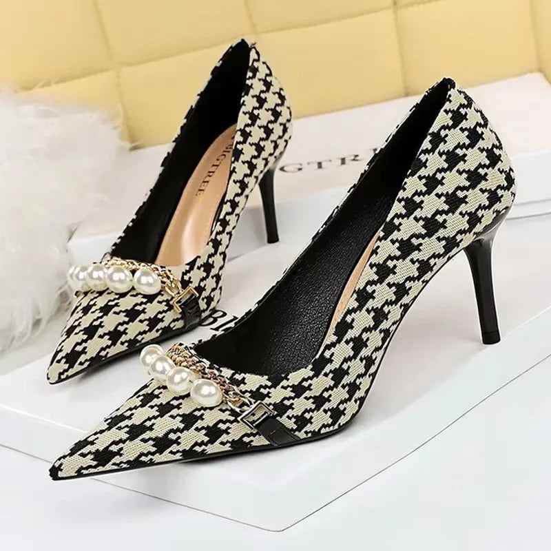 BIGTREE Shoes 2026 Spring Women Pumps Pearl Metal Chain High-heels Checked Grain Stilettos Women Heels Luxury Banquet Shoes 43
