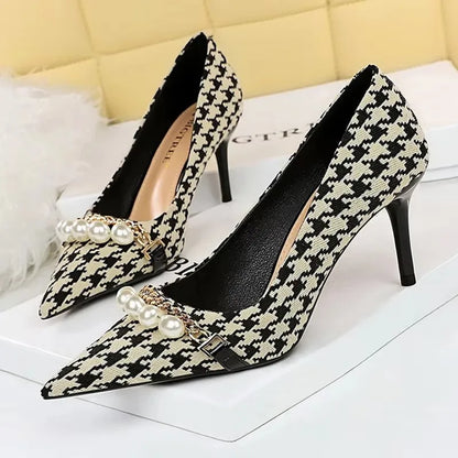 BIGTREE Shoes 2026 Spring Women Pumps Pearl Metal Chain High-heels Checked Grain Stilettos Women Heels Luxury Banquet Shoes 43