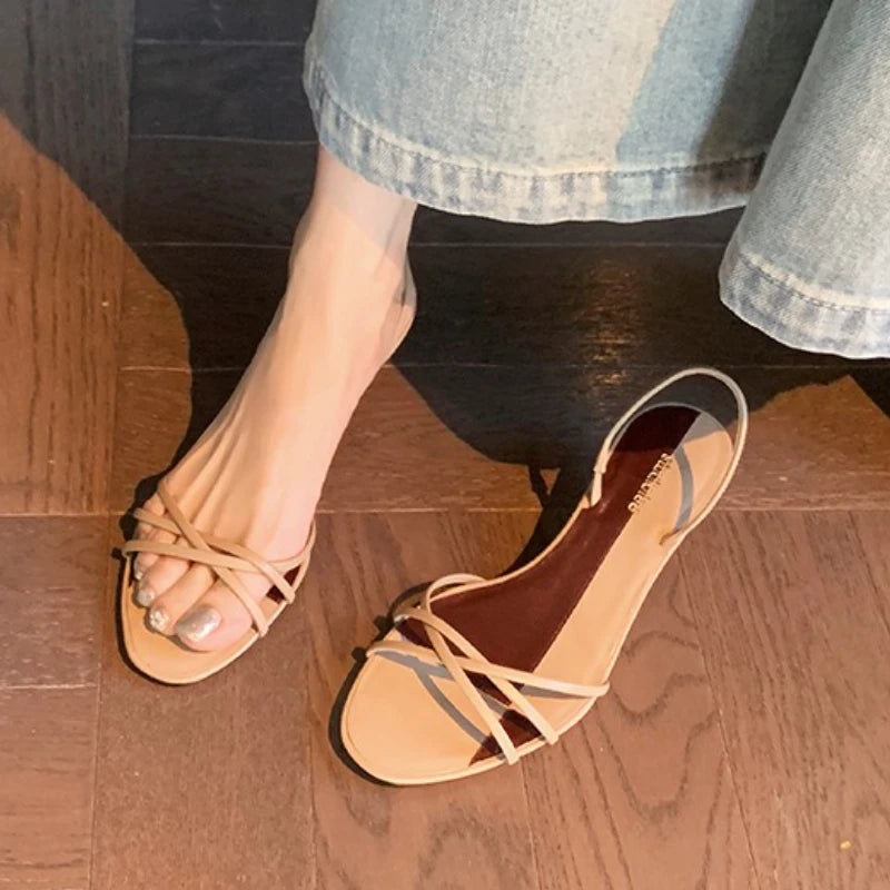 Fashion Pointed Toe Cross Tied Kitten Heel Sandal Women Summer Sexy Open Toe Patchwork Slide Sandal Elegant Comfort Zapato Mujer