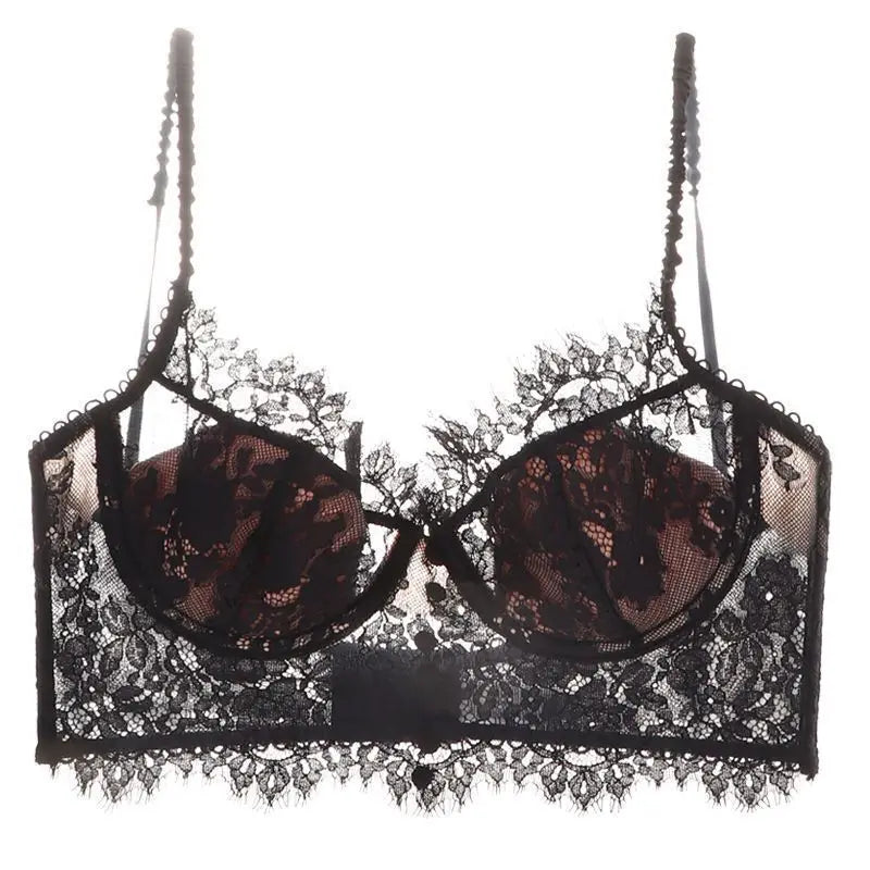 Women Deep U Back Lace Minimizer Bra Soft Underwire Thin Cup Push Up Breathable Sheer Mesh Adjustable Strap Daily Lingerie