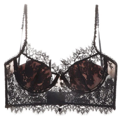 Women Deep U Back Lace Minimizer Bra Soft Underwire Thin Cup Push Up Breathable Sheer Mesh Adjustable Strap Daily Lingerie