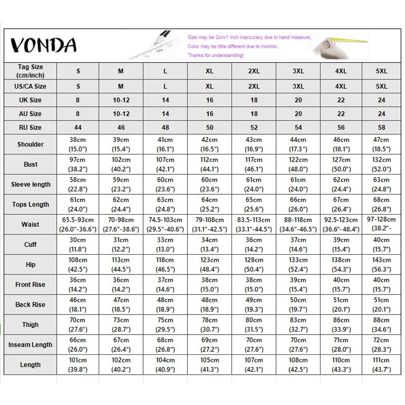 VONDA Plus Size Women Suits Long Sleeve Lapel Neck Tops High Waisted Pants Sets Casual Loose Solid Color Outfits Two-piece
