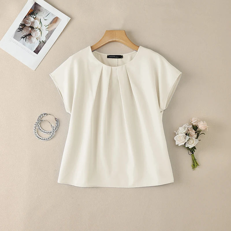 ZANZEA Women Summer Short Sleeve Blouses Casual Chic O-Neck Pleated Front Solid Color Tops Minimalist Loose Blusas de Mujer
