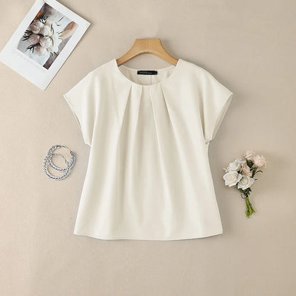 ZANZEA Women Summer Short Sleeve Blouses Casual Chic O-Neck Pleated Front Solid Color Tops Minimalist Loose Blusas de Mujer