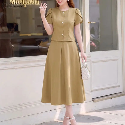 ZANZEA Women Elegant 2pcs Matching Skirt Sets O-Neck Petal Sleeves Tops & A-Line Midi Skirts 2 Piece Sets ZANZEA Dates Outfits