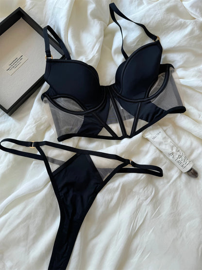 Fishbone large breasts lingerie with underpants suit top support lace thin mesh gathered underwear sexy bra set