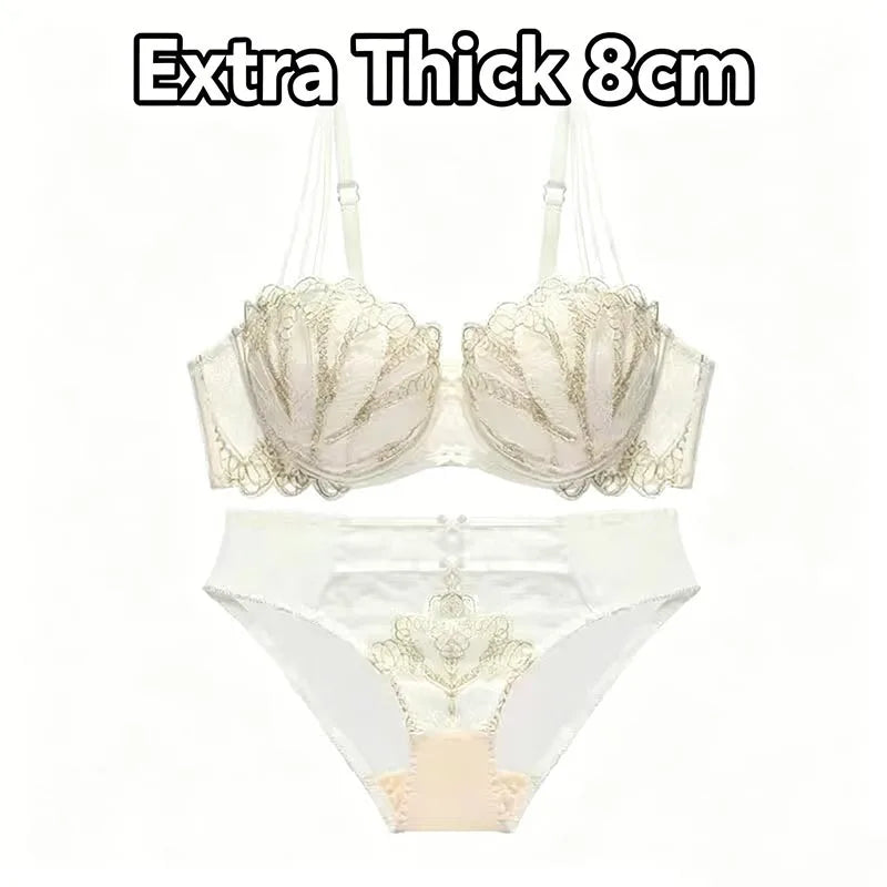 Women's Sexy Half-Cup Bra 1/2 Cup Gathering Soft Steel Ring Push-Up Lace Comfortable Underwear Set 8CM
