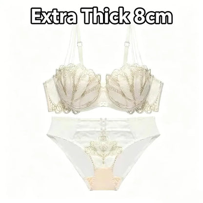 Women's Sexy Half-Cup Bra 1/2 Cup Gathering Soft Steel Ring Push-Up Lace Comfortable Underwear Set 8CM