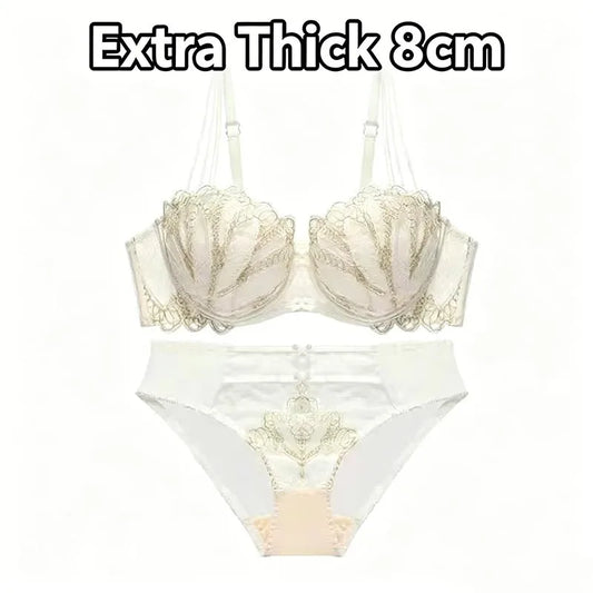 Women's Sexy Half-Cup Bra 1/2 Cup Gathering Soft Steel Ring Push-Up Lace Comfortable Underwear Set 8CM